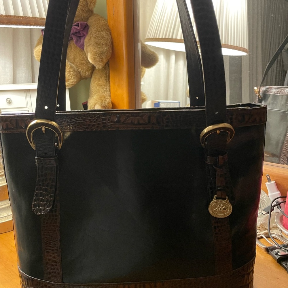 Brahmin Vintage Black/Pecan Crocodile Leather Trim Shoulder Bag Medium Zip Tote